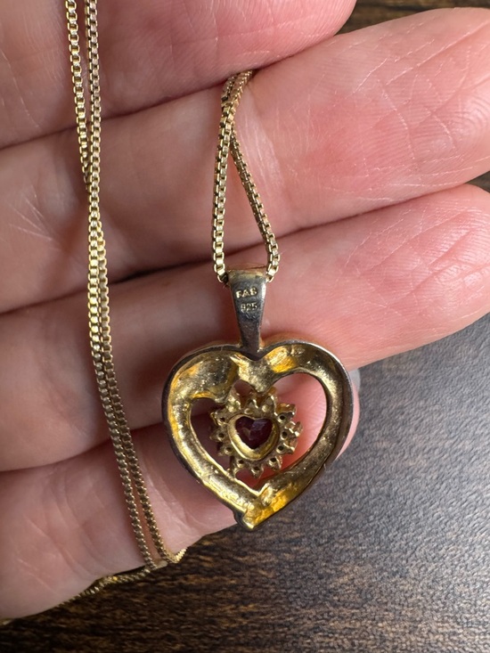 Gold Vermeil Heart Pendant Necklace with Ruby-Red Center FAS 925 Italy 18” - Picture 12 of 15